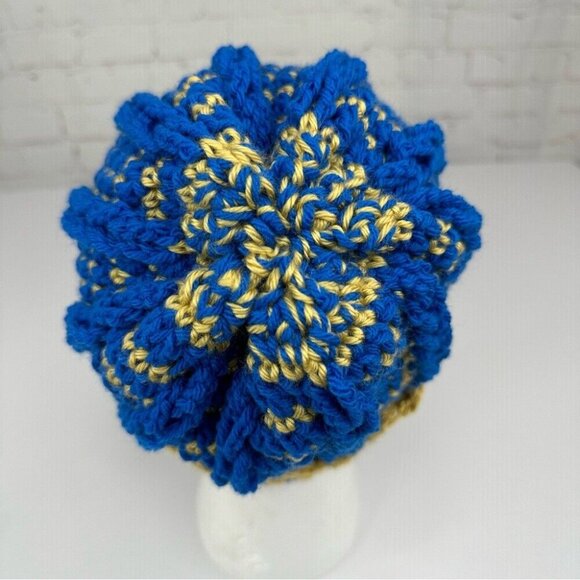 Handmade Unisex New Blue Gold Striped Winter Crochet Beanie - Adult S/M‎ - Picture 5 of 9